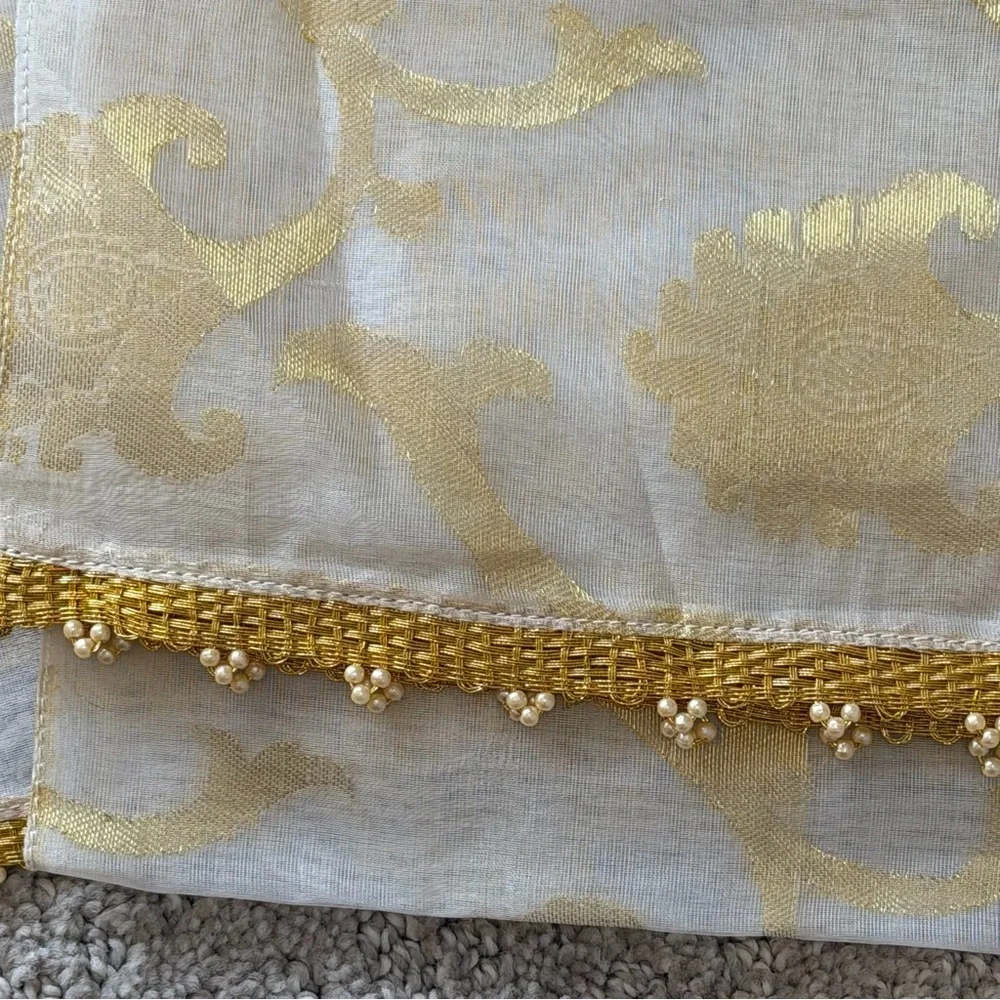 Beige Gold Silk Gauze Table Runner Glitter Beaded Metallic Sheer Gold Leaf 2x